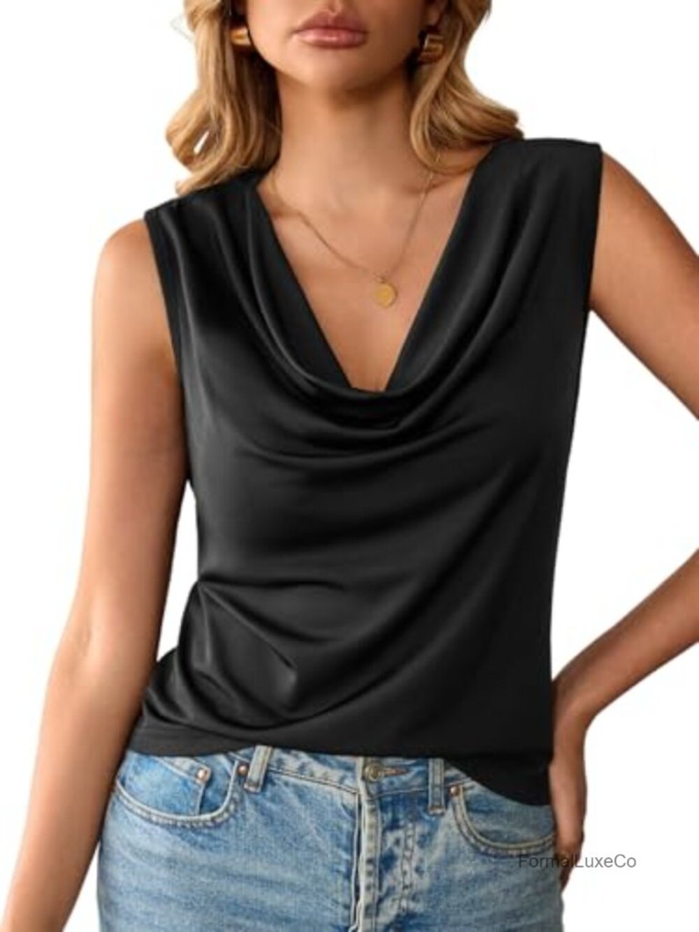 Satin-Like Cowl Neck Tank Top Sleeveless Dressy Business Casual Blouse